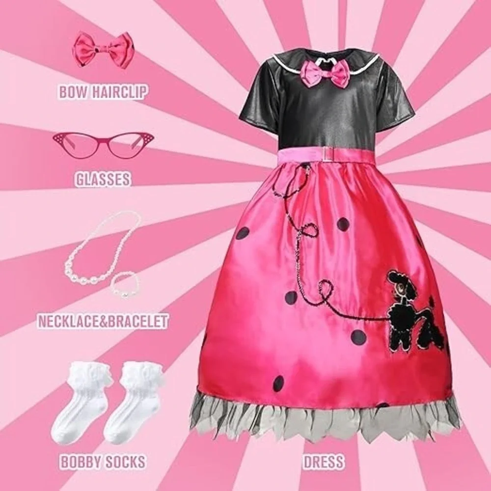 IKALI Kids Girls 50s Sock Hop Costume, Fancy Dress Poodle Skirt Outfit 7-8 Year
